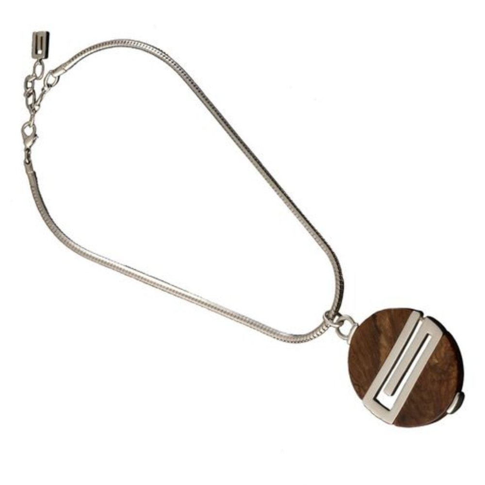 ❤️GIVENCHY 1970's Wooden Teak Pendant & Givenchy Silver Rope Chain Necklace